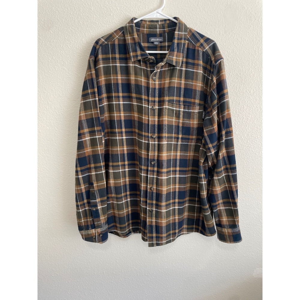 Eddie‎ Bauer  Mens XXL Flannel Shirt Brown Plaid Excellent Long Sleeve Cotton